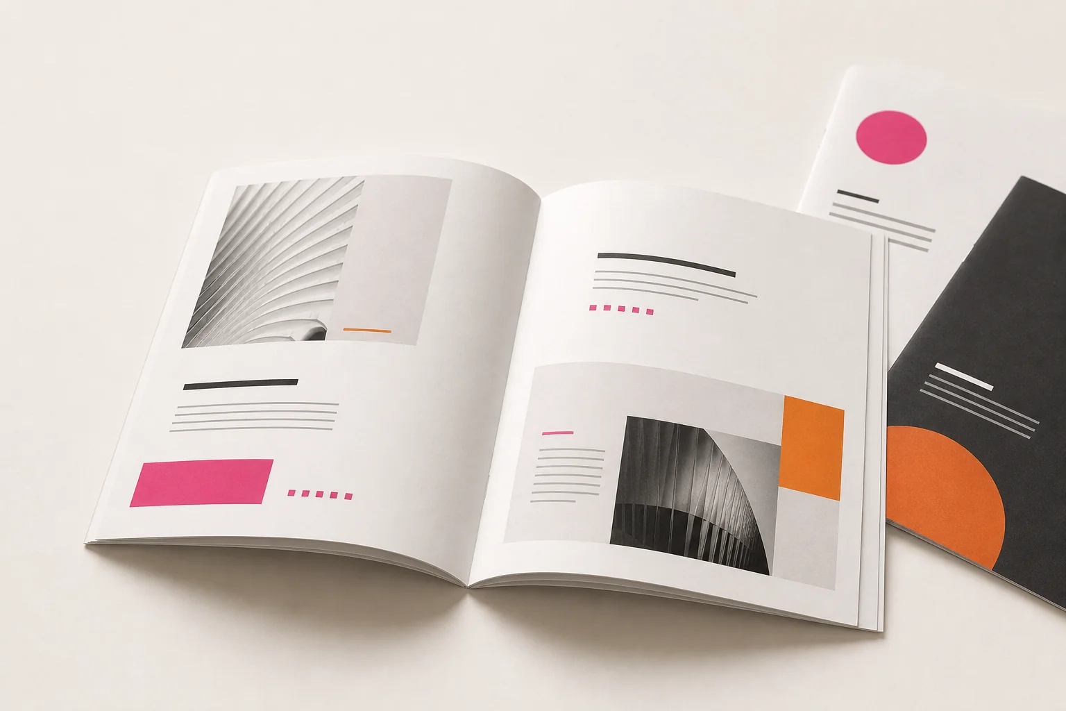 Open ontworpen brochure met roze en oranje grafische accenten op een lichte ondergrond.