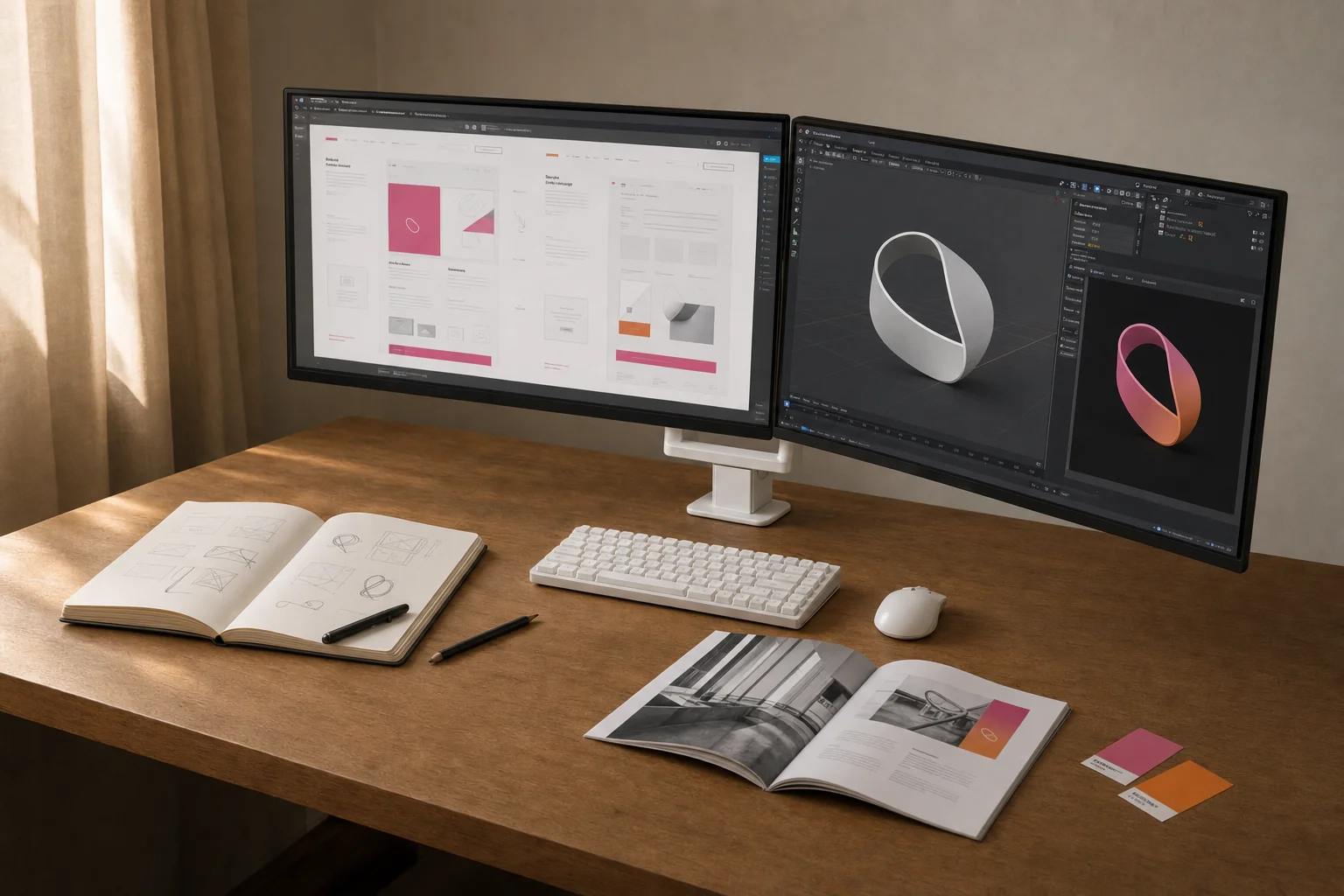 Studio Narin-werkruimte met webdesign, schetsen, drukwerk en een driedimensionaal ontwerp in ontwikkeling.