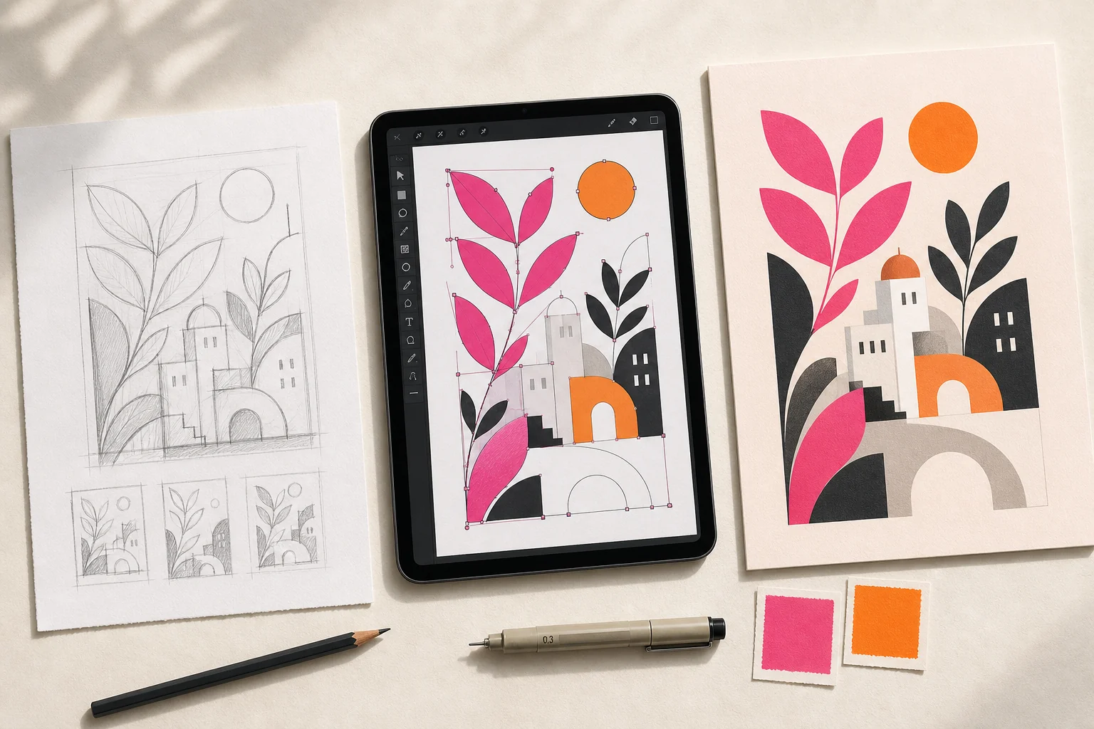 Een illustratieproces van potloodschets via vectoropbouw op een tablet naar een afgewerkte grafische poster.