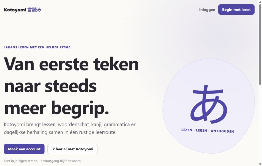 Publieke Kotoyomi-startpagina met de boodschap Van eerste teken naar steeds meer begrip.