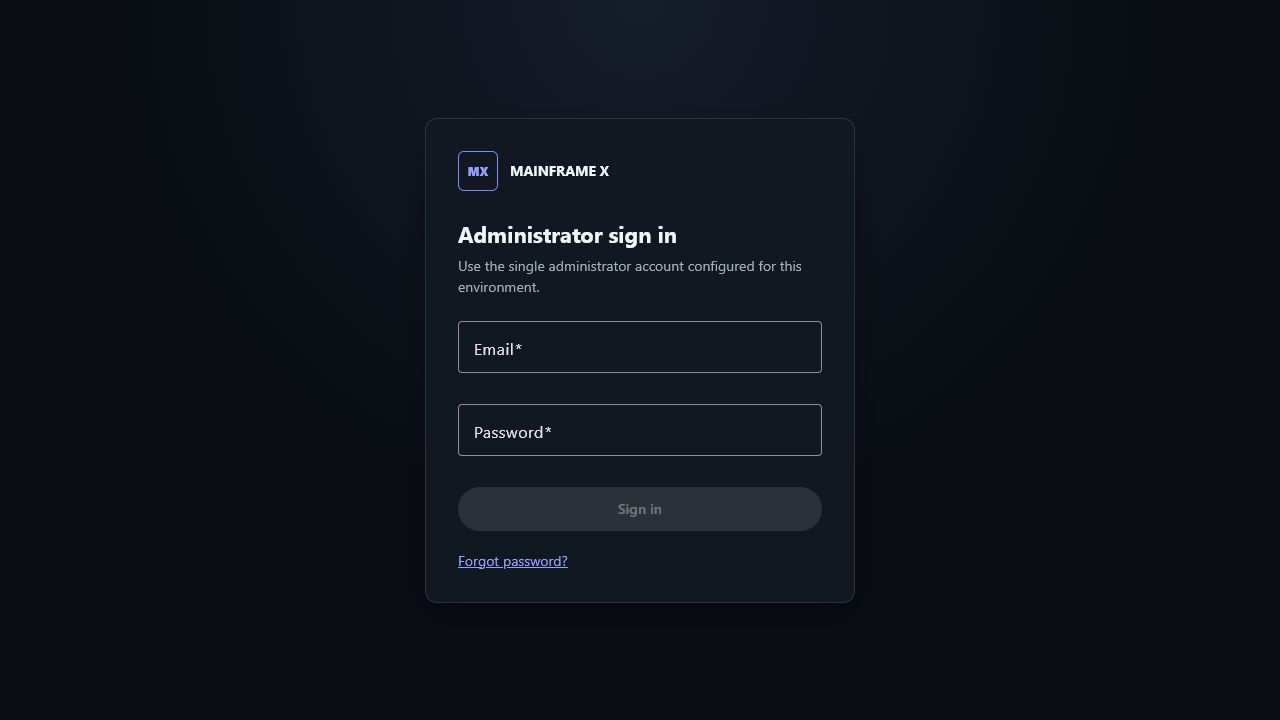 Publieke administrator-inlogpagina van MAINFRAME X met velden voor e-mail en wachtwoord.