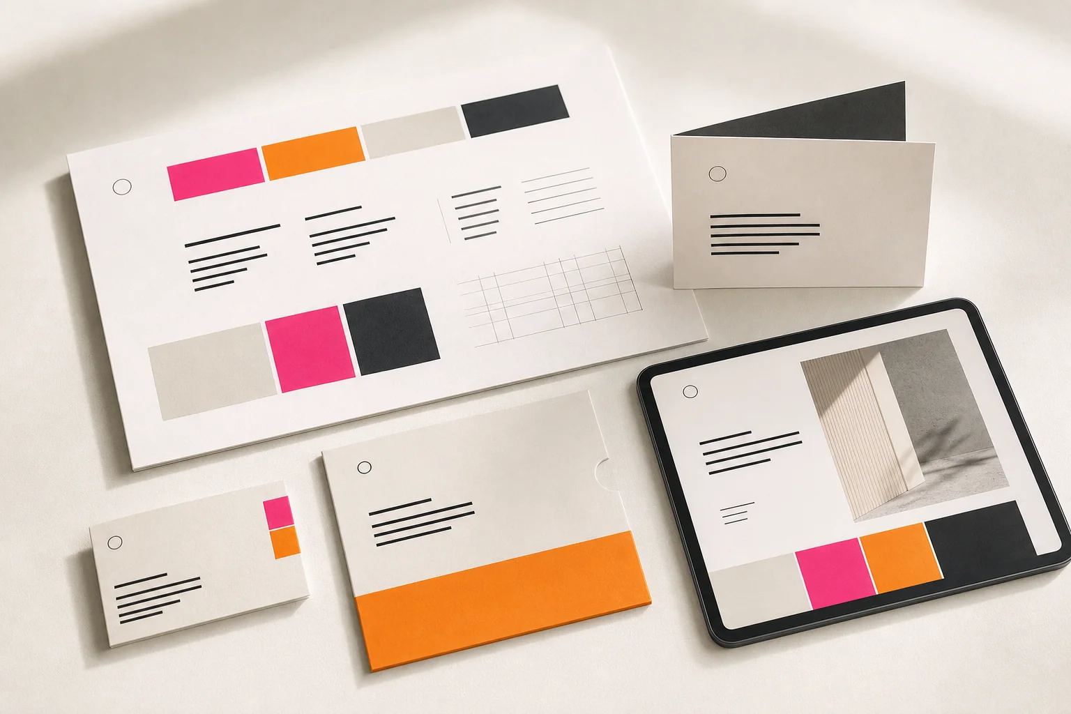 Samenhangende visuele identiteit met kleurstalen, typografische indelingen, drukwerk en een digitaal scherm.